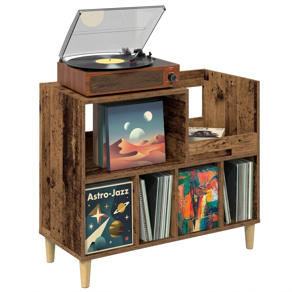 Meuble à vinyles 4 casiers - 82 cm, deux niveaux de rangement