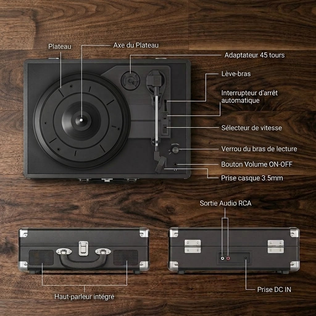 Platine vinyle valise portable - Bluetooth et haut-parleurs intégrés
