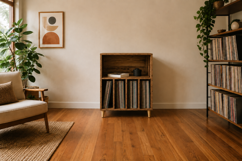 Meuble à vinyles 4 casiers - 47 cm, plateau pour platine