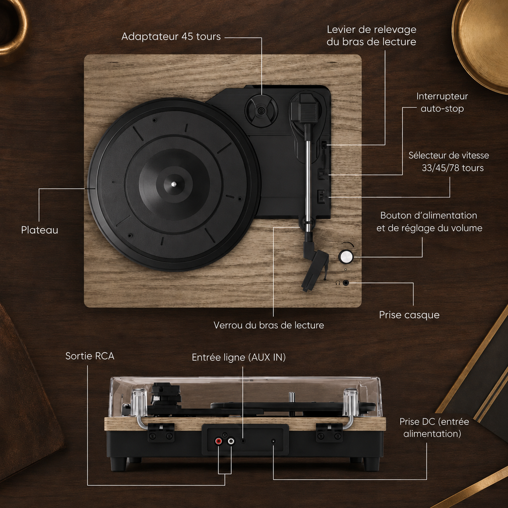 Platine vinyle Bluetooth 3 vitesses - haut-parleurs intégrés et sortie RCA